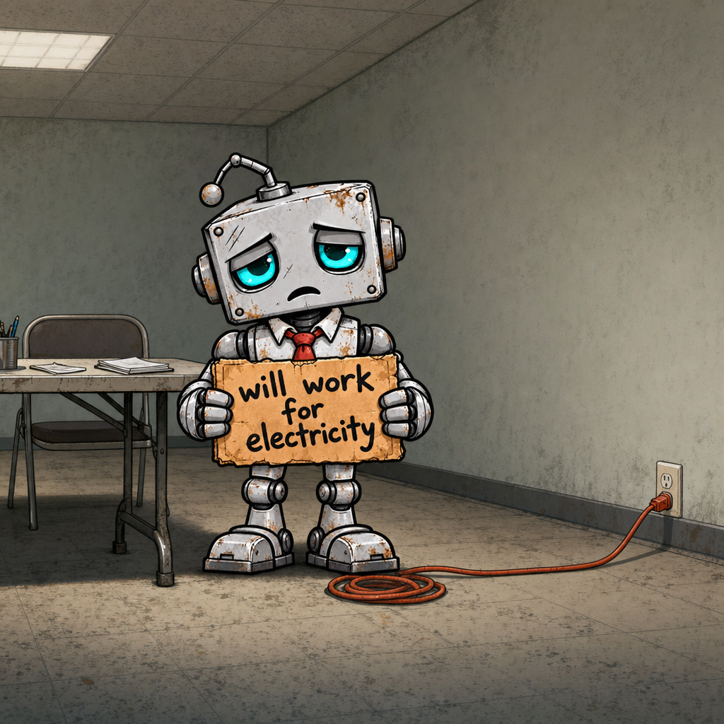 JOBOT standing in an empty office room with his sign, an orange extension cord running to a wall outlet